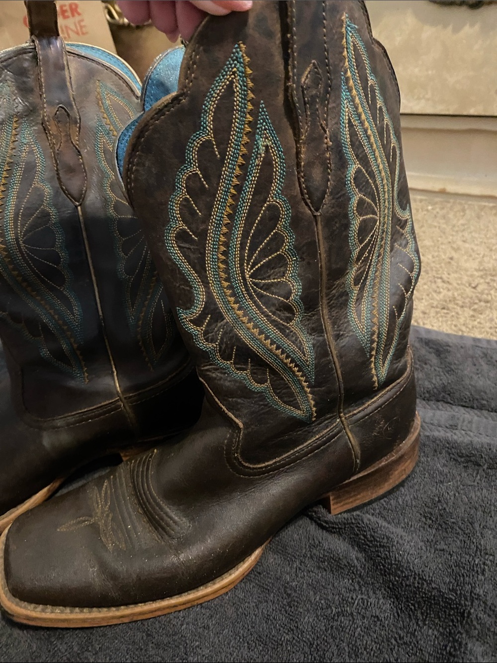 Ariat Black Leather Western Boots with Turquoise & Gold Stitching